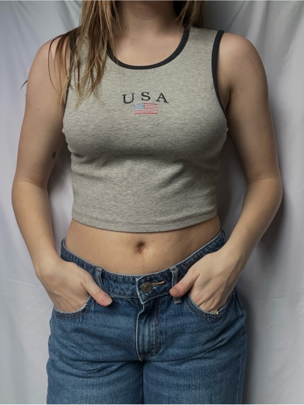 Sunday Stevens USA Embroidered Crop Tank Top